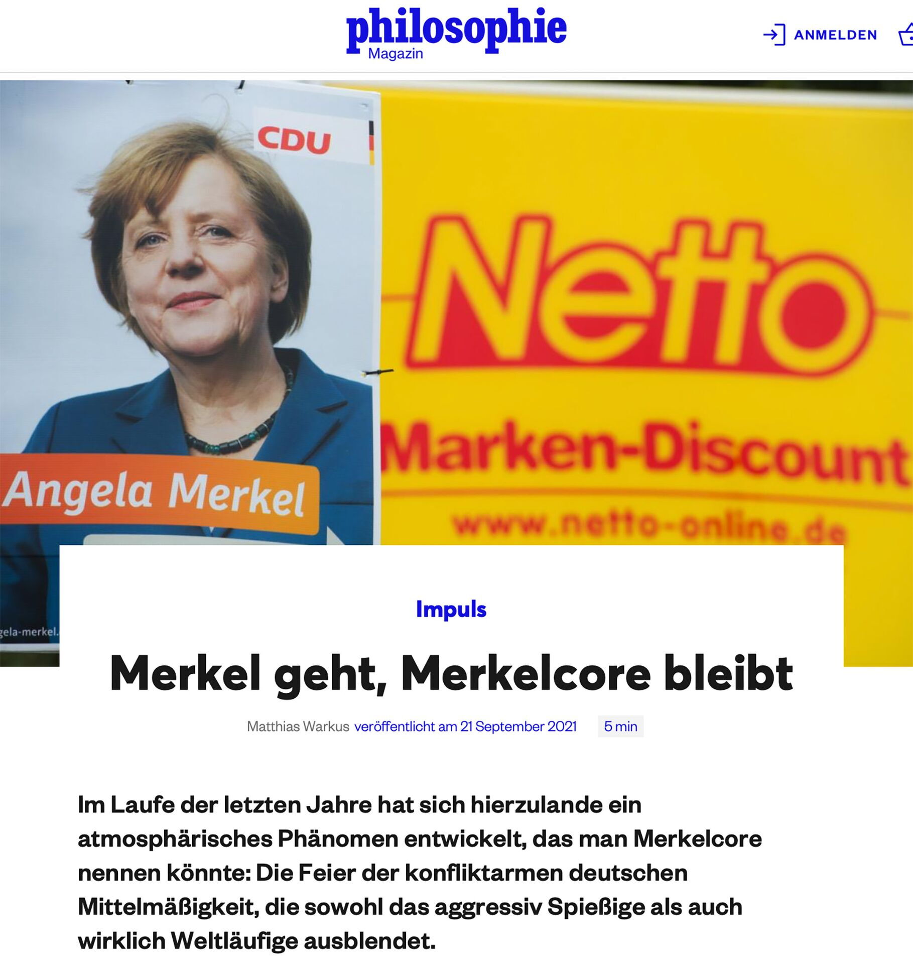 Ein Artikel von Matthias Warkus im Philosophie Magazin diskutiert das Phänomen "Merkelcore" mit einem Bild von Angela Merkel.