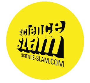 Gelber Kreis mit schwarzem Schriftzug „Science Slam”