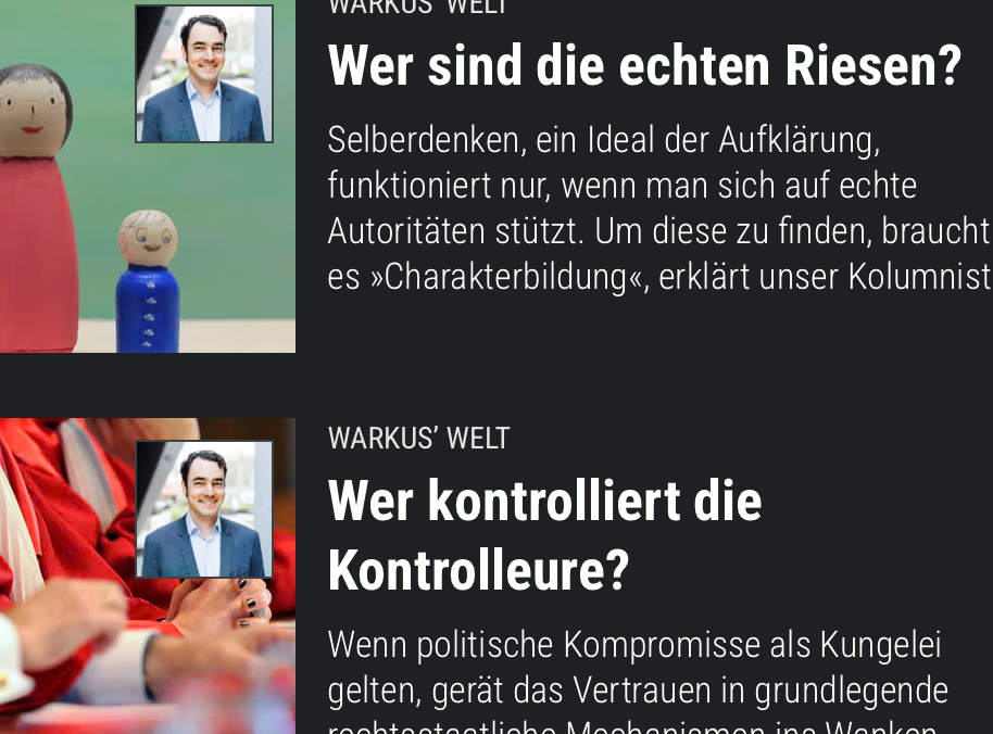 Zwei Artikel aus "Warkus' Welt" thematisieren Philosophie und Kontrolle, illustriert mit Figuren und einem Porträt.