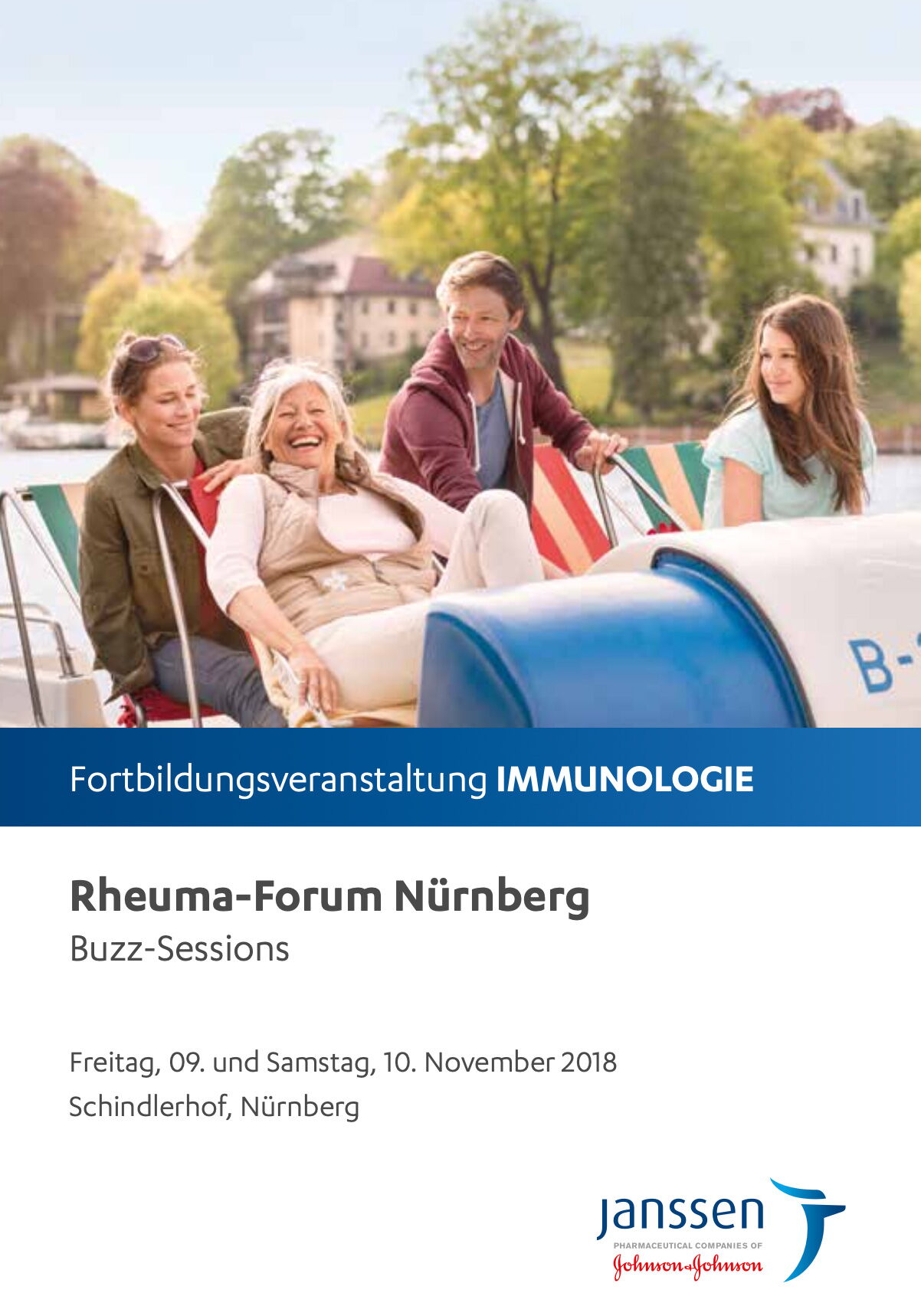 Plakat Abendvortrag des Rheuma-Forums mit Foto: Eine fröhliche Gruppe genießt eine Bootsfahrt