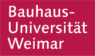 Der Schriftzug "Bauhaus-Universität Weimar" auf rotem Hintergrund