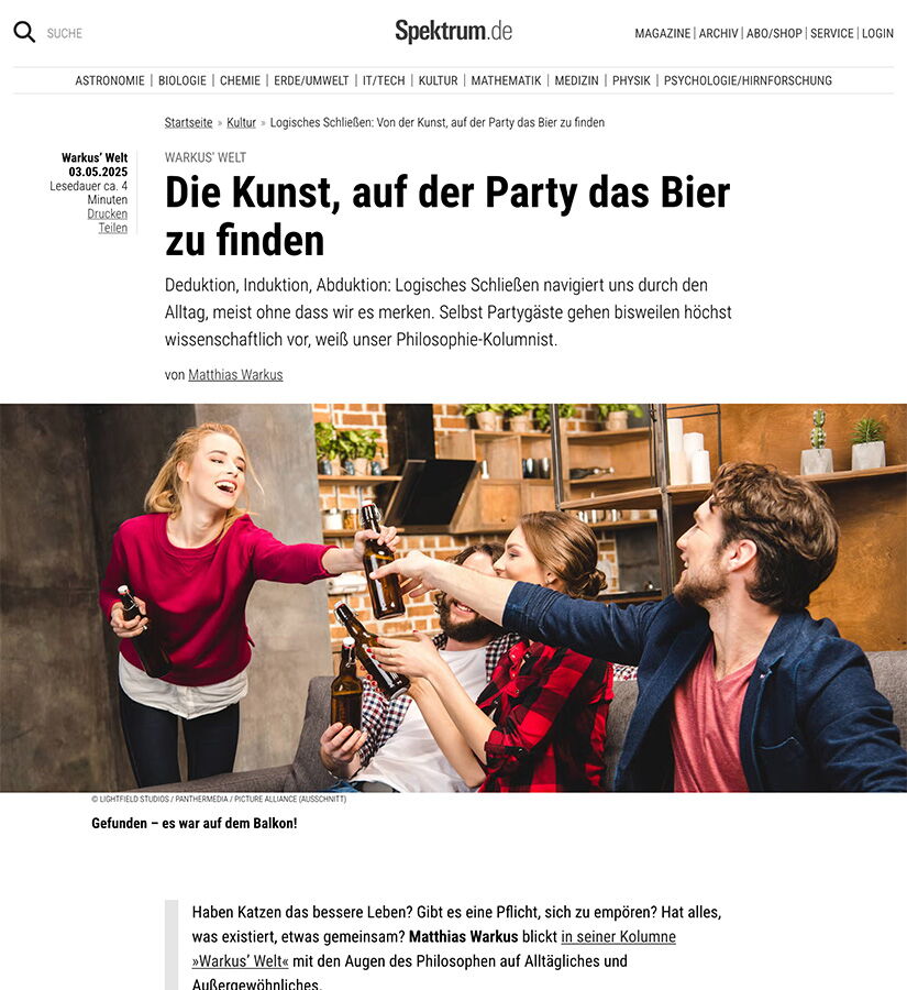 Website "Spektrum.de" mit Warkus´Welt Artikel „Die Kunst, auf der Party das Bier zu finden”