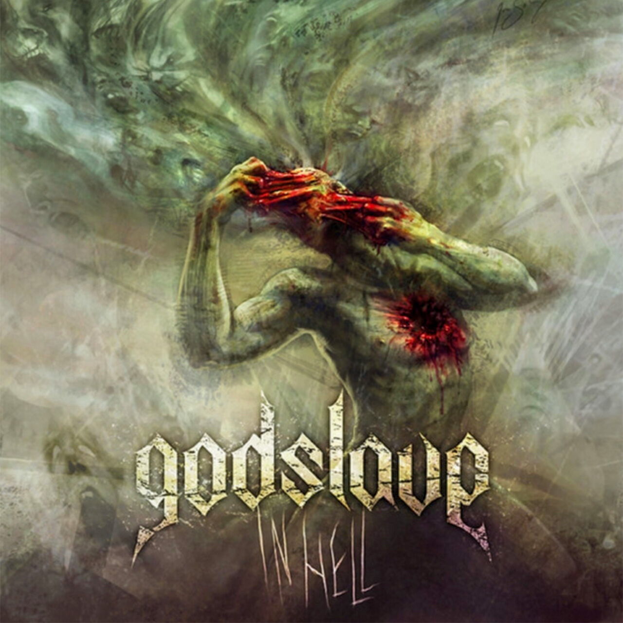 Albumcover Godslave „In Hell” Ein muskulöser, verwundeter Körper reißt sich blutend die Haut vom Kopf, umgeben von dichten Rauchschwaden.